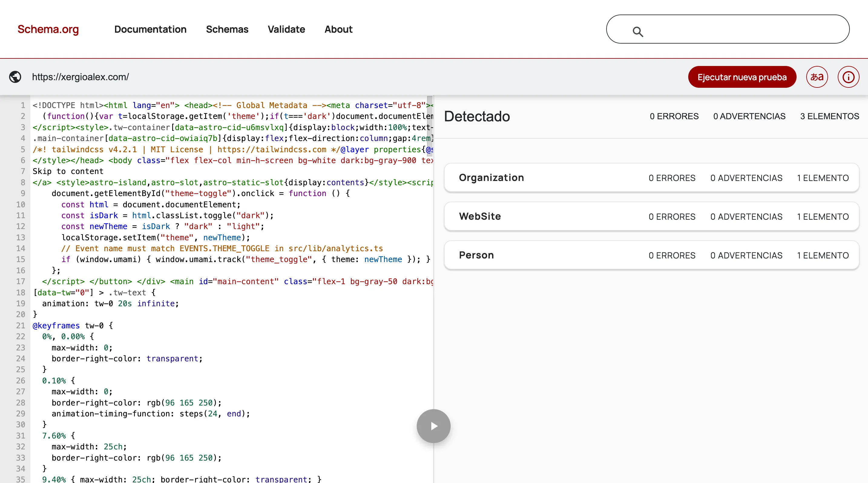 Schema.org Validator showing xergioalex.com structured data: Organization, WebSite, and Person detected with 0 errors