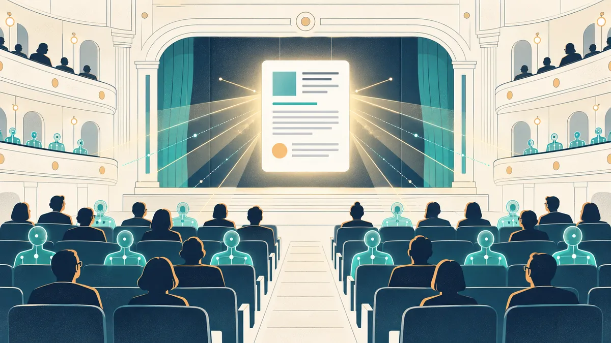 Light-background editorial infographic: on the left, a large decorated front door stays closed while human silhouettes walk past; on the right, a cabinet of compartments with a single drawer open and glowing teal, spilling floating cards; the small synthetic visitor takes one.