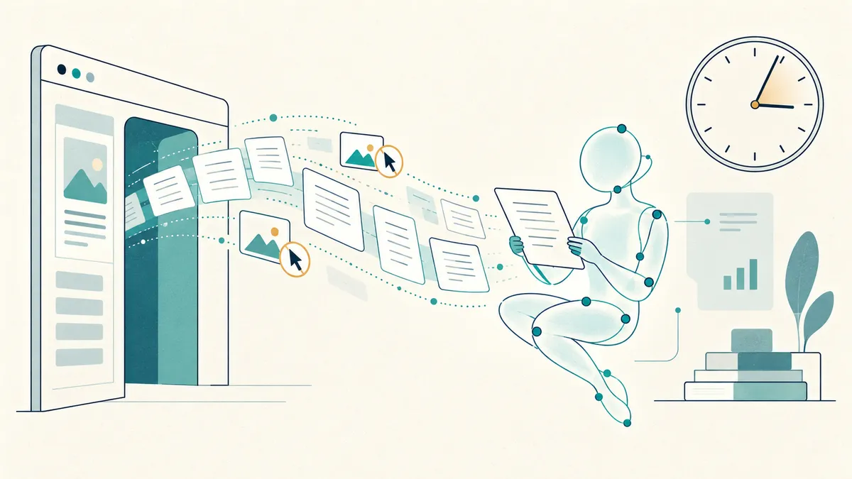 Light-background editorial infographic: a small synthetic visitor made of lines and nodes reads pages flowing in an arc from a minimal website facade on the left; dotted motion lines indicate speed, small thumbnail images pass by untouched, and a minimal clock reads three in the morning.