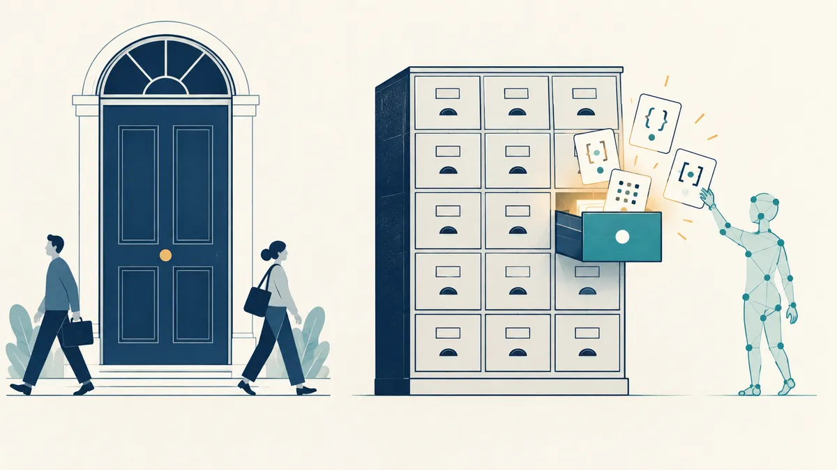 Light-toned illustration: a grand hall with a wall of gold-framed compartments; a single open drawer glows teal, spilling floating file-shaped cards; the small synthetic visitor stands before the wall, taking a card.