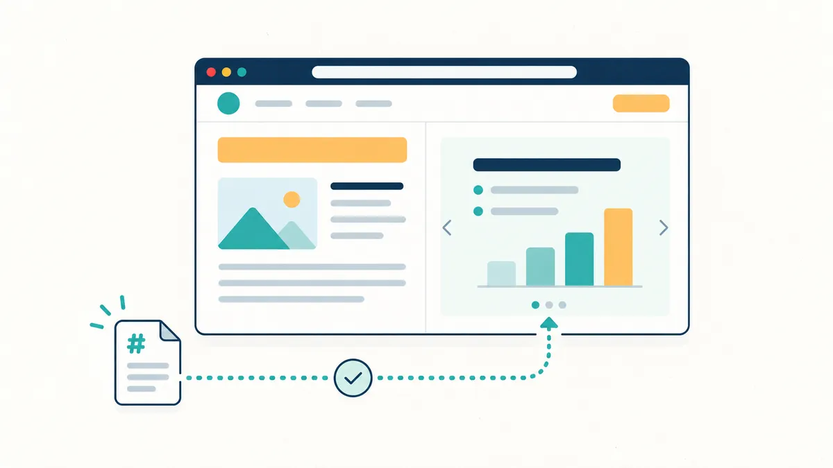 Light-background infographic: a browser window whose interior splits into a blog page and a full-screen slide sharing the same theme; a Markdown document enters through a dotted pipeline line with a verified commit point and comes out as the slide.