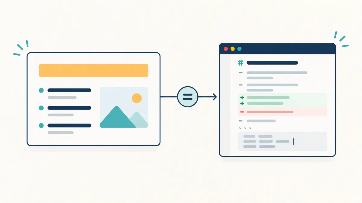 Light-background infographic with two panels connected by an arrow with an equals sign: on the left, a classic slide with a title box, bullets, and an image; on the right, the same slide as a Markdown file with git diff lines marked in green and red.