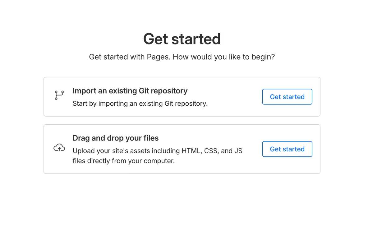 Cloudflare Pages getting started screen with Git repository import option