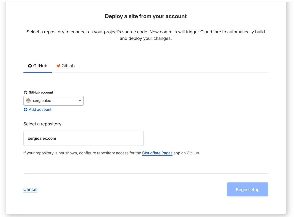 GitHub account and repository selection showing xergioalex.com