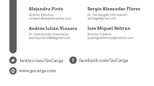 GoCarga business card back — Team: Alejandro Pinto (CEO), Sergio Alexander Flórez (Tech), Andrés Julián Vinasco (Operations), Jose Miguel Beltran (Creative)