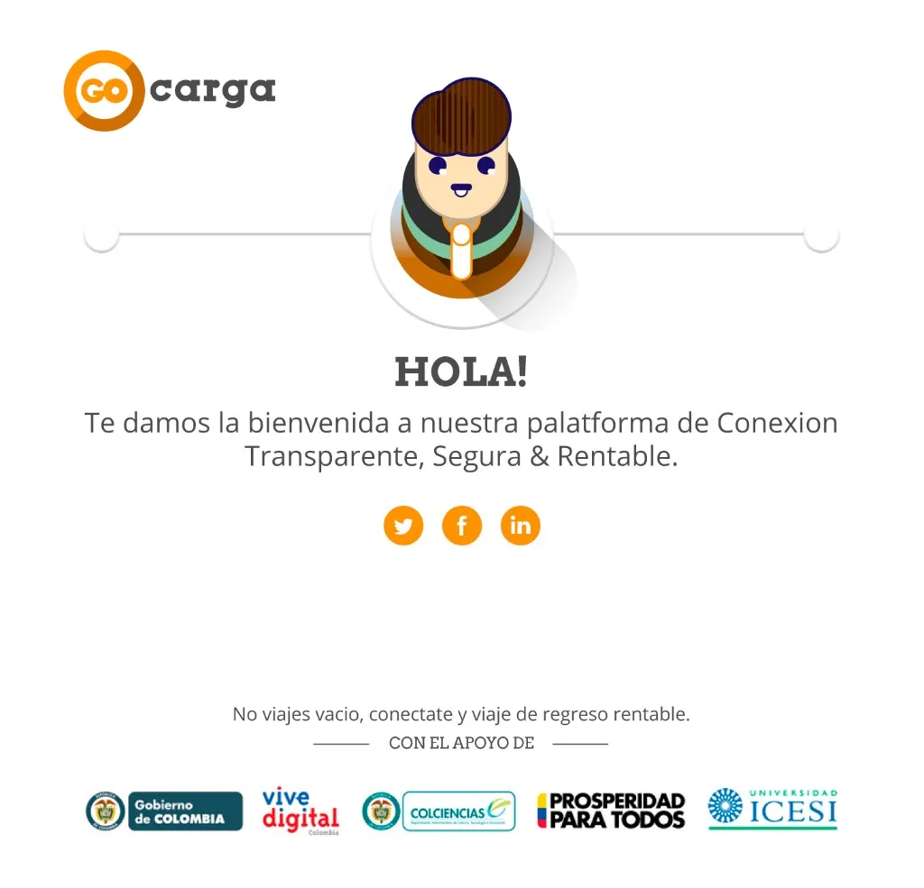 Welcome prototype — GoCarga mascot, onboarding page with government and university sponsors