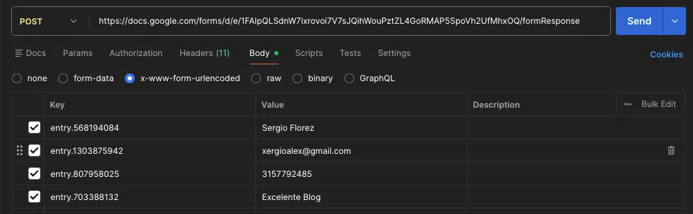 Postman body with form entry fields