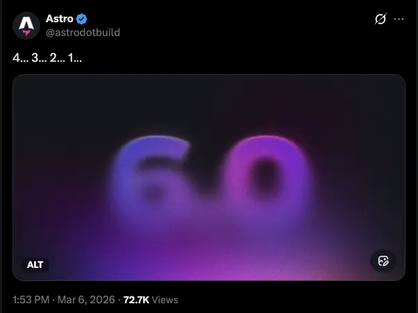 Astro's teaser tweet for version 6.0 — "4... 3... 2... 1..." with a glowing "6.0" image