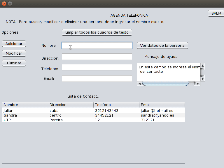 Contact agenda demo — adding contacts, viewing the list in the JTable, and managing entries