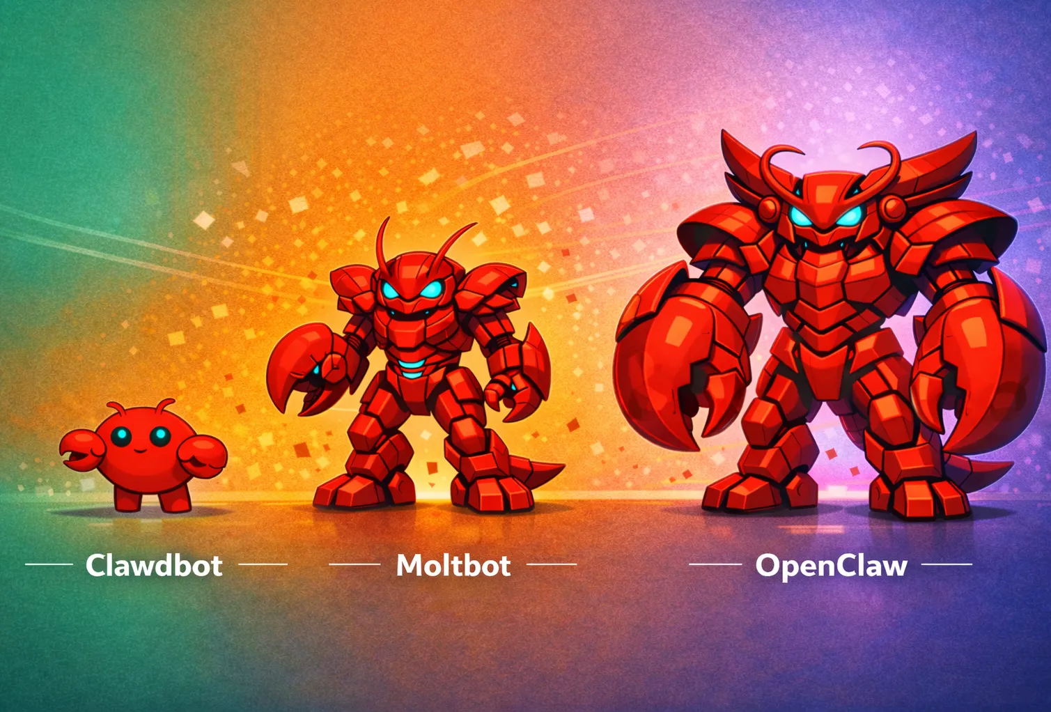 Illustration showing the evolution of OpenClaw: from Clawdbot to Moltbot to OpenClaw