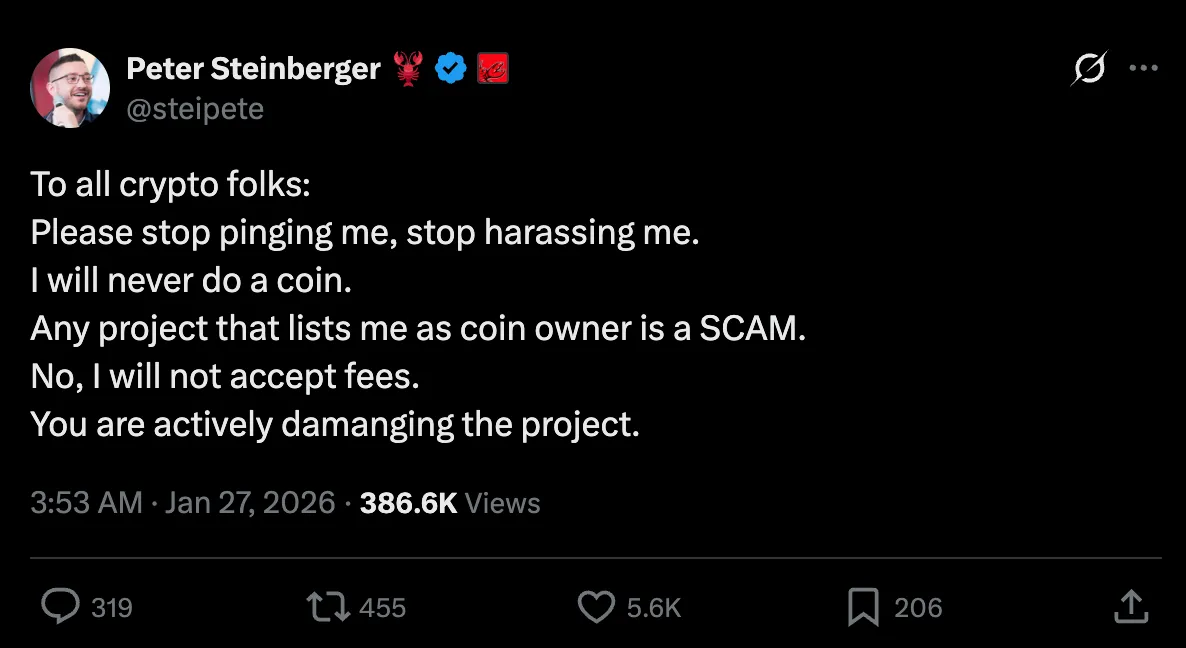 Peter Steinberger's tweet asking crypto folks to stop harassing him over the CLAWD token