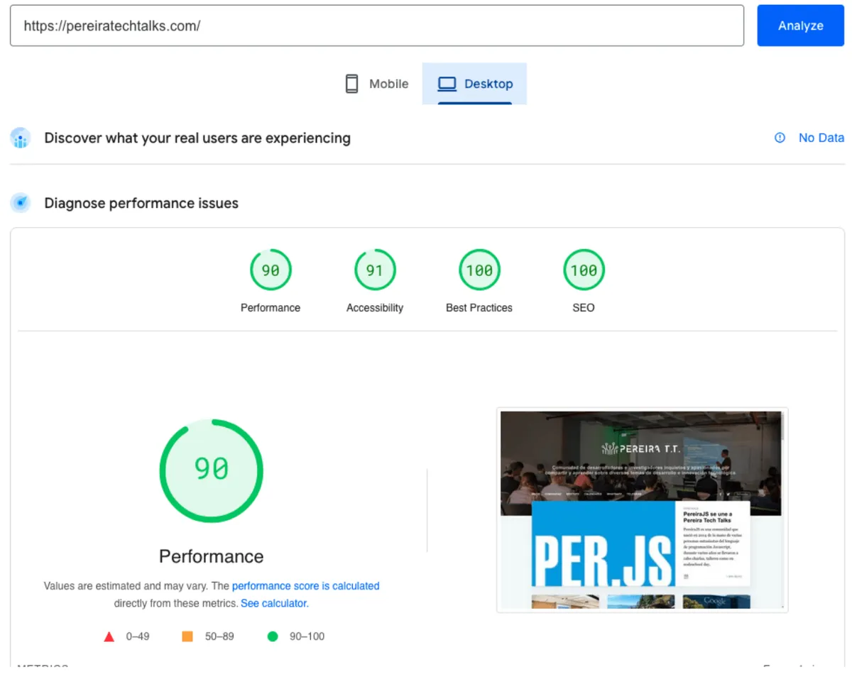 Lighthouse scores for the Ghost version — Performance 90, Accessibility 91, Best Practices 100, SEO 100