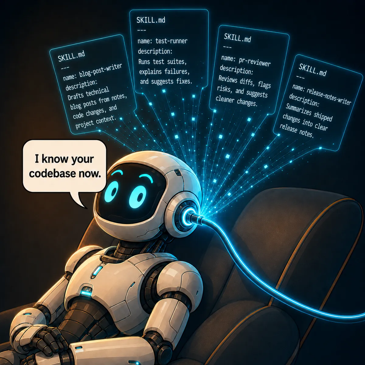 A friendly cartoon AI agent reclined in a chair, eyes wide with sudden recognition, with SKILL.md fragments flowing through a glowing cable into its head. Speech bubble reads: 'I know your codebase now.'