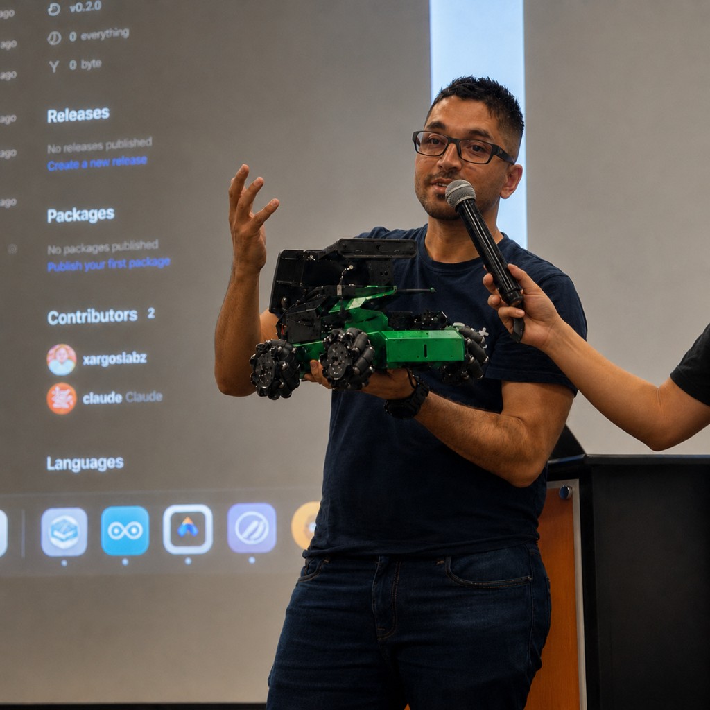 Sergio Alexander giving a technical talk with a robot demo